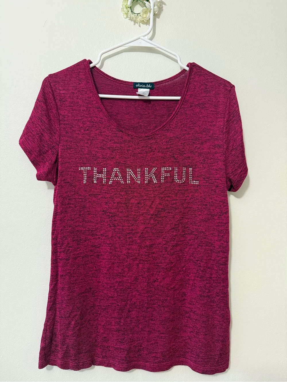 Olivia Blu 'Thankful' Short Sleeve Scoop Neck Tee - Raspberry Heather
